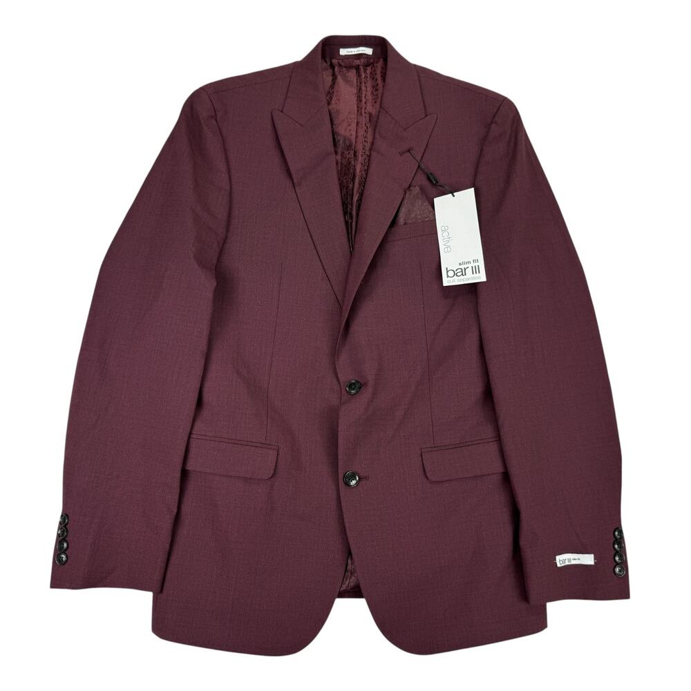 Bar III Mens Slim Fit Wool Blend Stretch Suit Jacket Burgundy Red 40L
